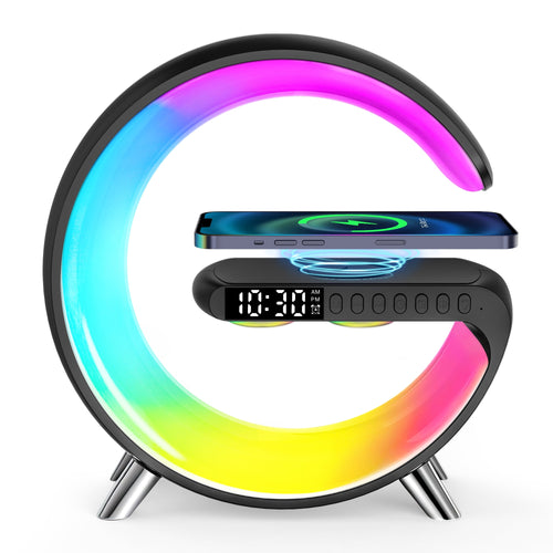 GPED Alarm Clock, Digital Alarm Clock Radio with Wireless Charging & LED Table Lamp, Bluetooth Speaker & FM Radio, 4 in 1 Dimmable Night Light Touch Lamp Clock W/ LED Display, Desk Clock for Bedroom